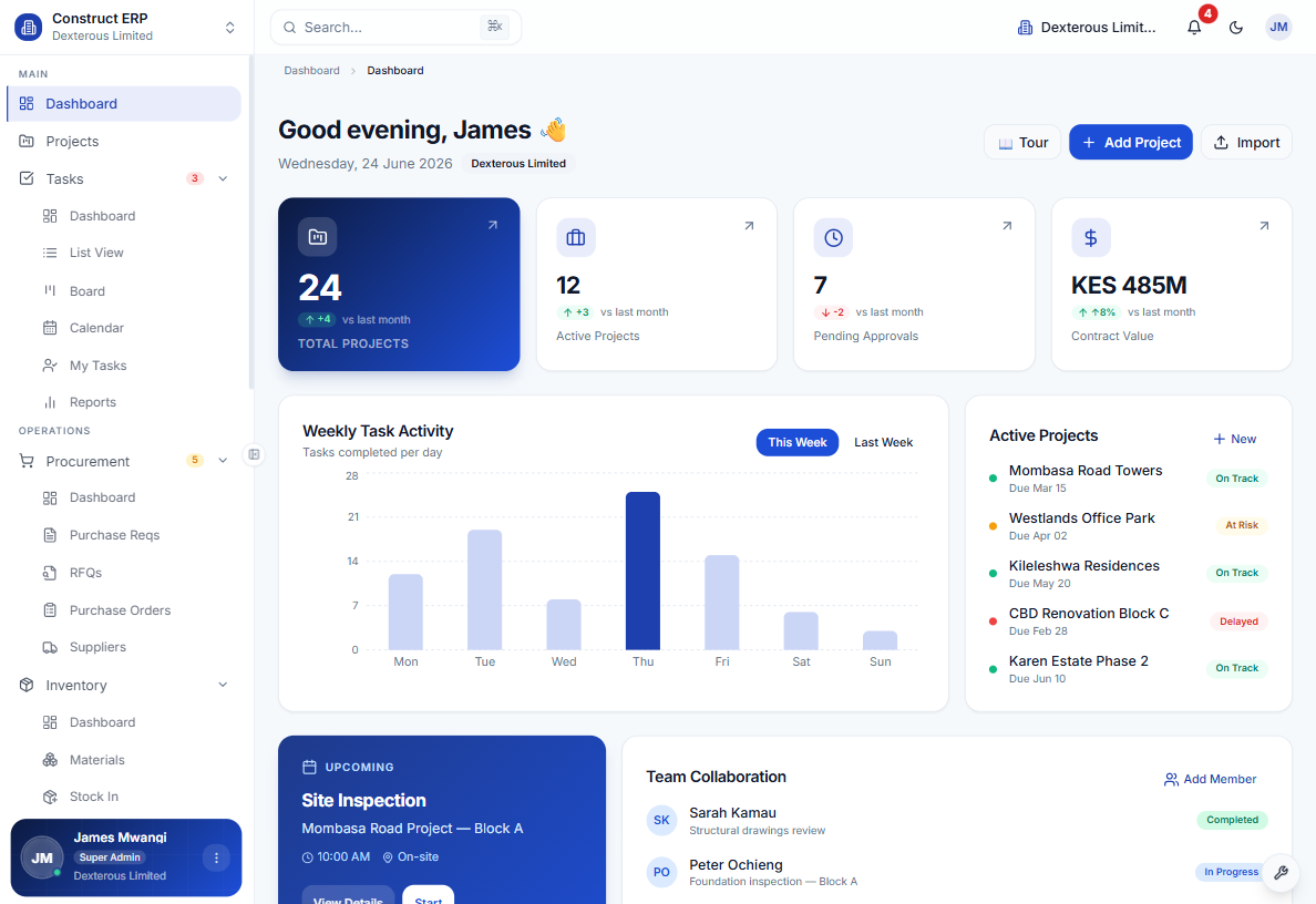 Construct ERP dashboard